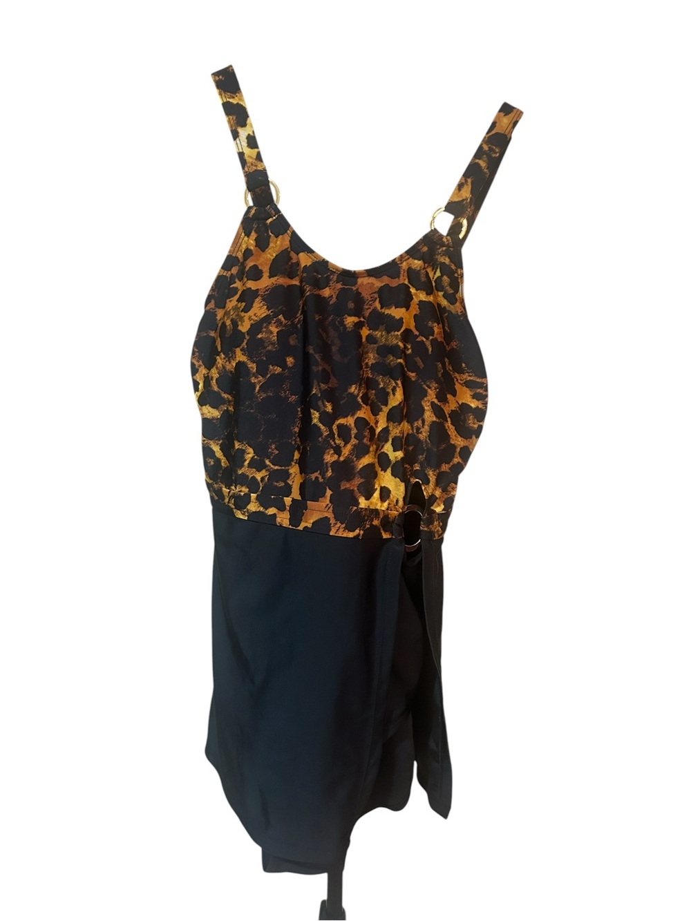 Jaclyn Smith Leopard & Black One-Piece Swim Dress with Ring Straps